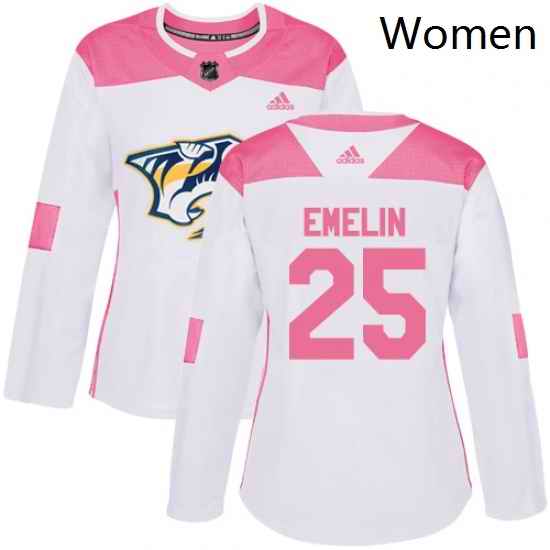 Womens Adidas Nashville Predators 25 Alexei Emelin Authentic WhitePink Fashion NHL Jersey